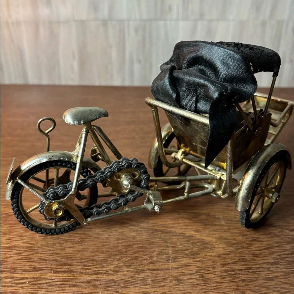 Brass-Tone Mini Rickshaw Tricycle Black Seat Faux Leather Canopy Vietnam Vintage